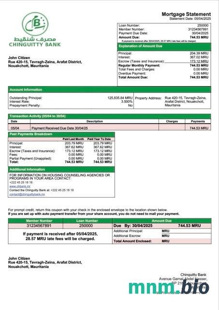 Mauretania Bank Chinguitty wyciąg z kredytu hipotecznego szablon Word i PDF